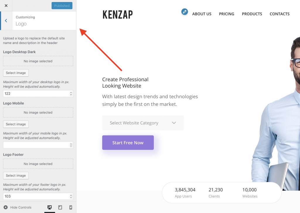 Kenzap WordPress theme change logo, adjust size.