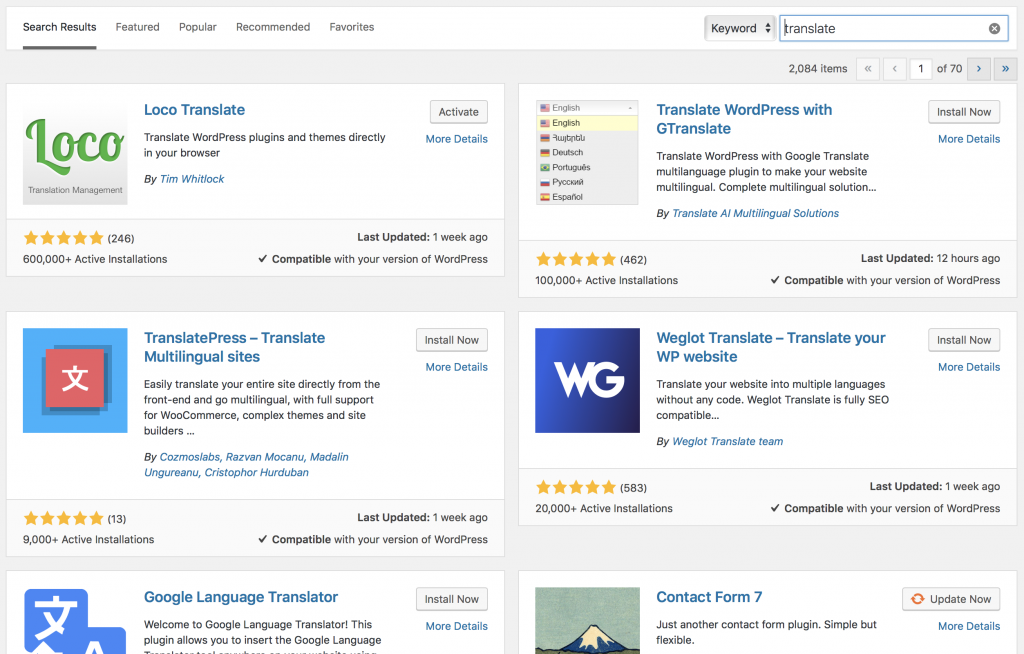 WordPress theme localization. List of popular plugins from admin panel.