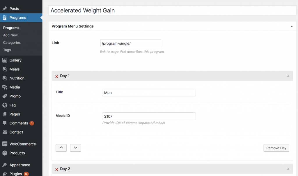 Madang theme admin - combining meal plan in one package by day of the week. 