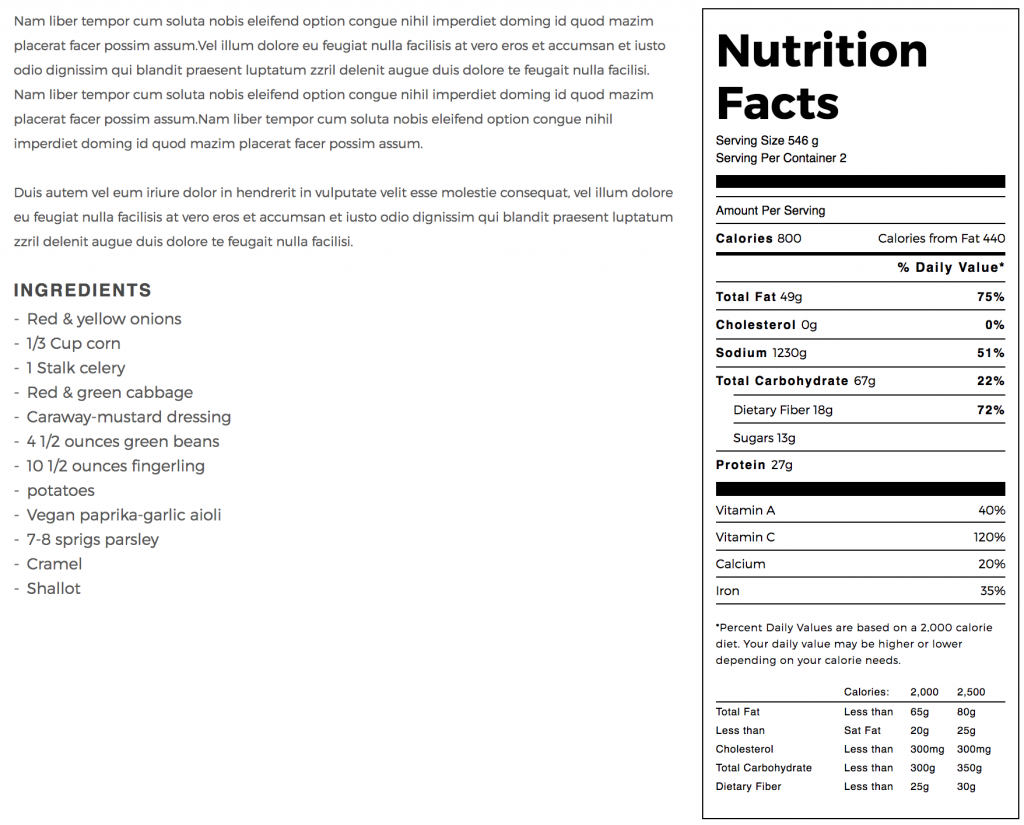 Madang WordPress theme - nutrition facts table.