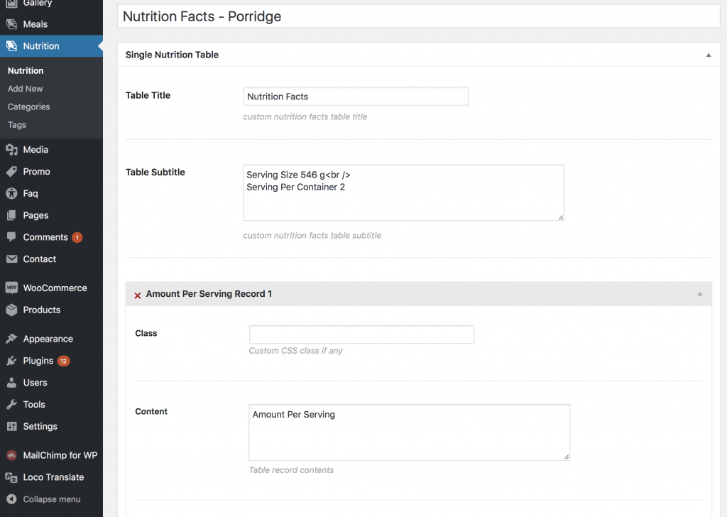 Defining structure on nutrition facts tables in WordPress.