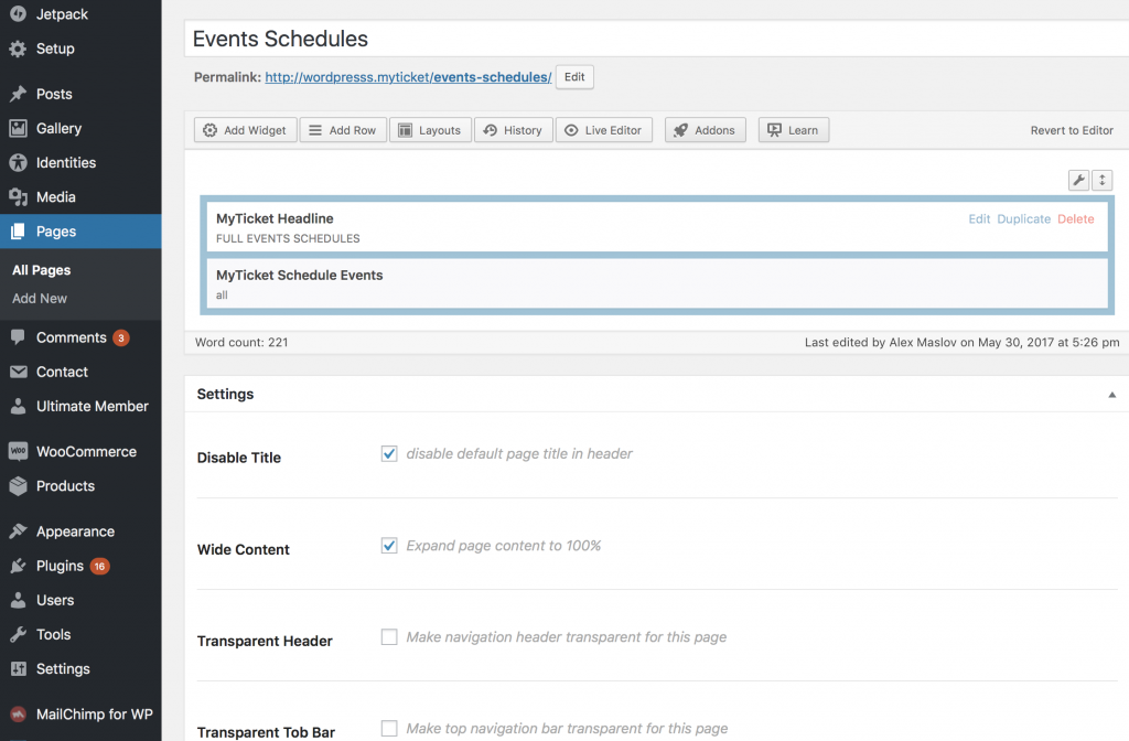 MyTicket theme - Event schedule calendar widget WordPress admin.