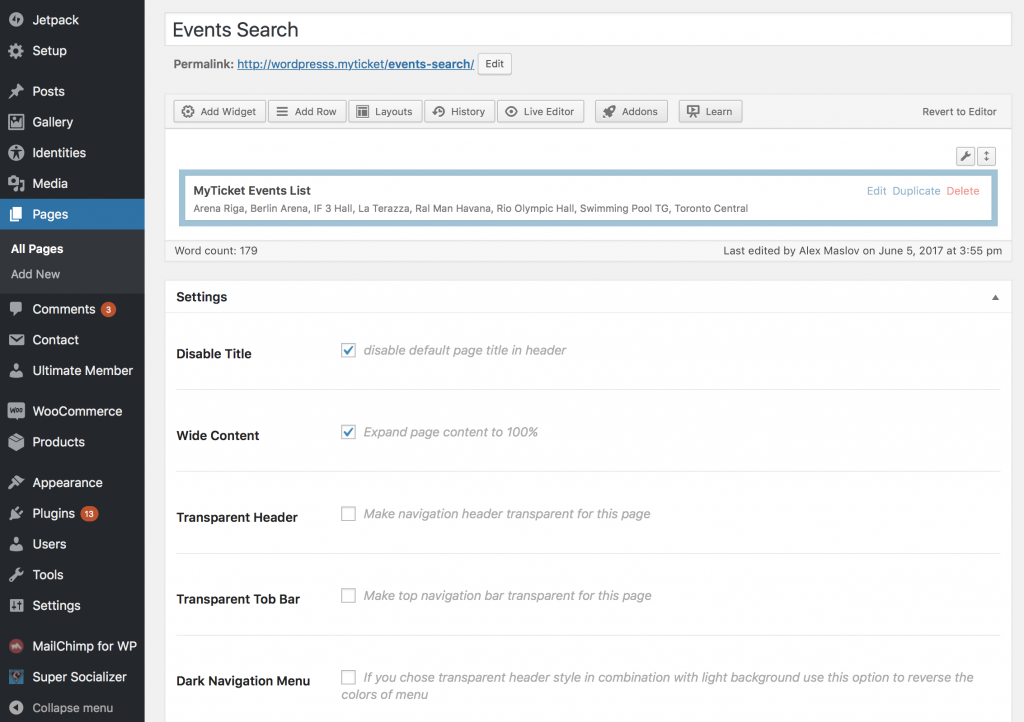 Myticket theme - event search and filtering interface WordPress admin.