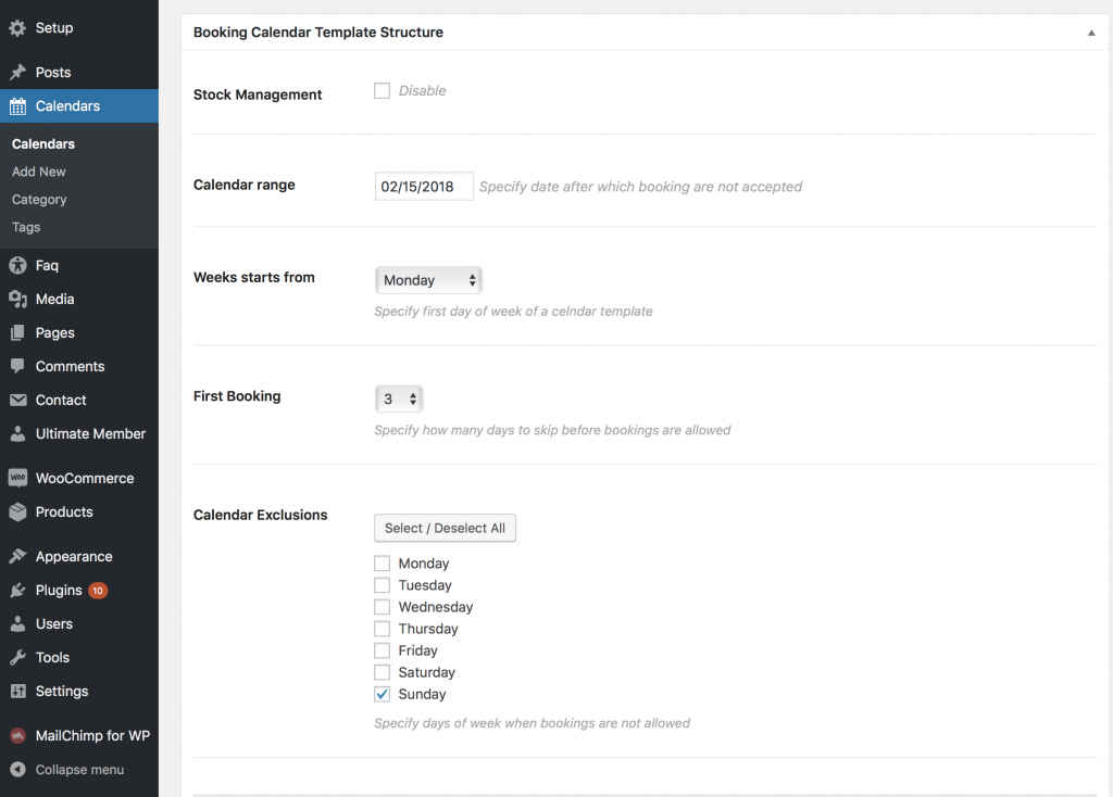 Mina theme - custom booking calendar structure definition.