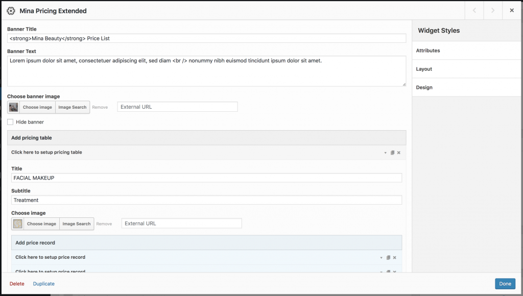 Mina theme - populate pricing table of products and services. 