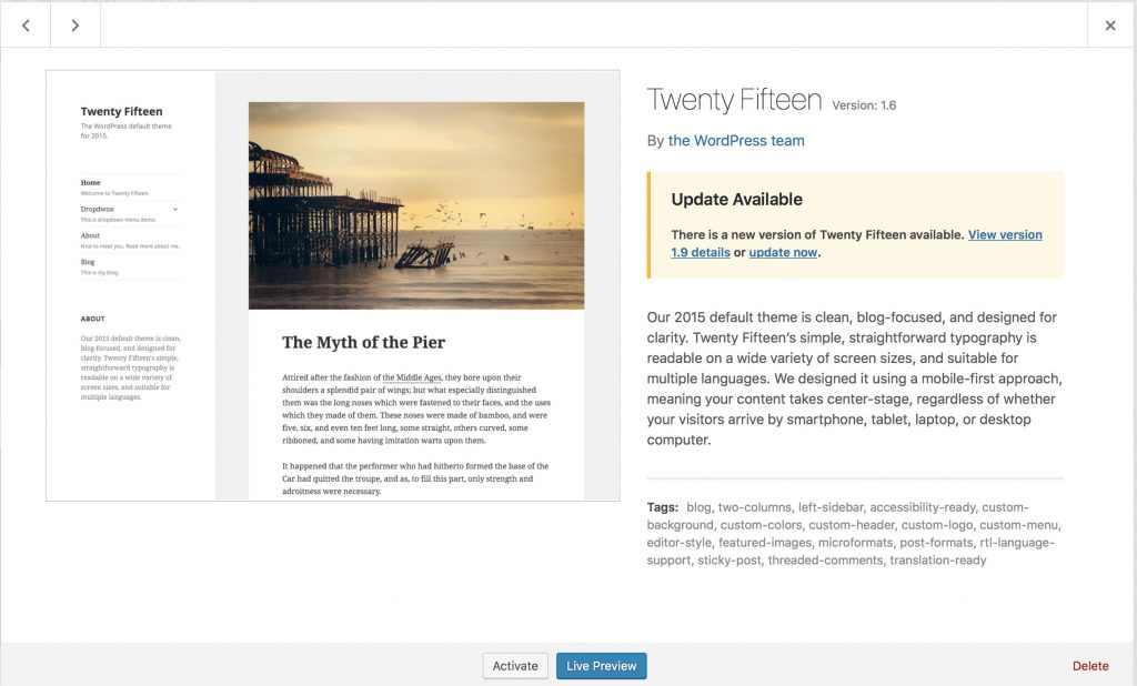 Twenty Fifteen WordPress theme automatic upgrade window preview