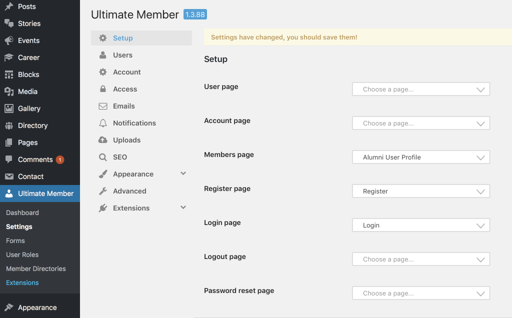 Sayidan theme - setting up default ultimate member pages. 