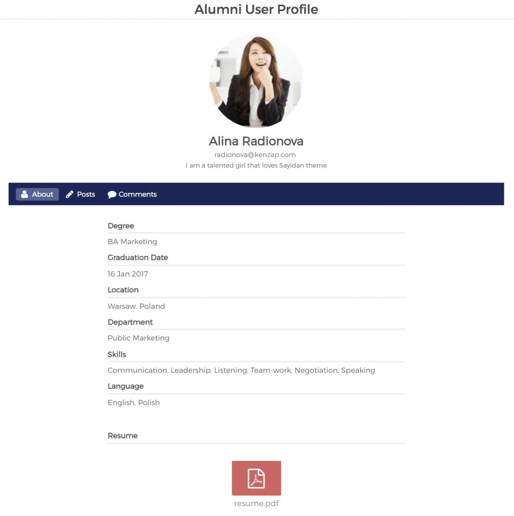 Sayidan theme - alumni user profile structure