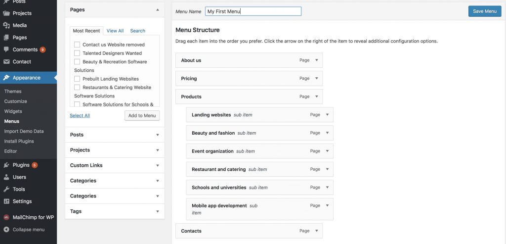 WordPress appearance menu population. 