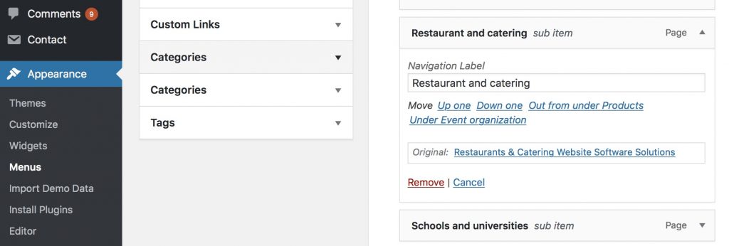 WordPress navigation menu item removal.