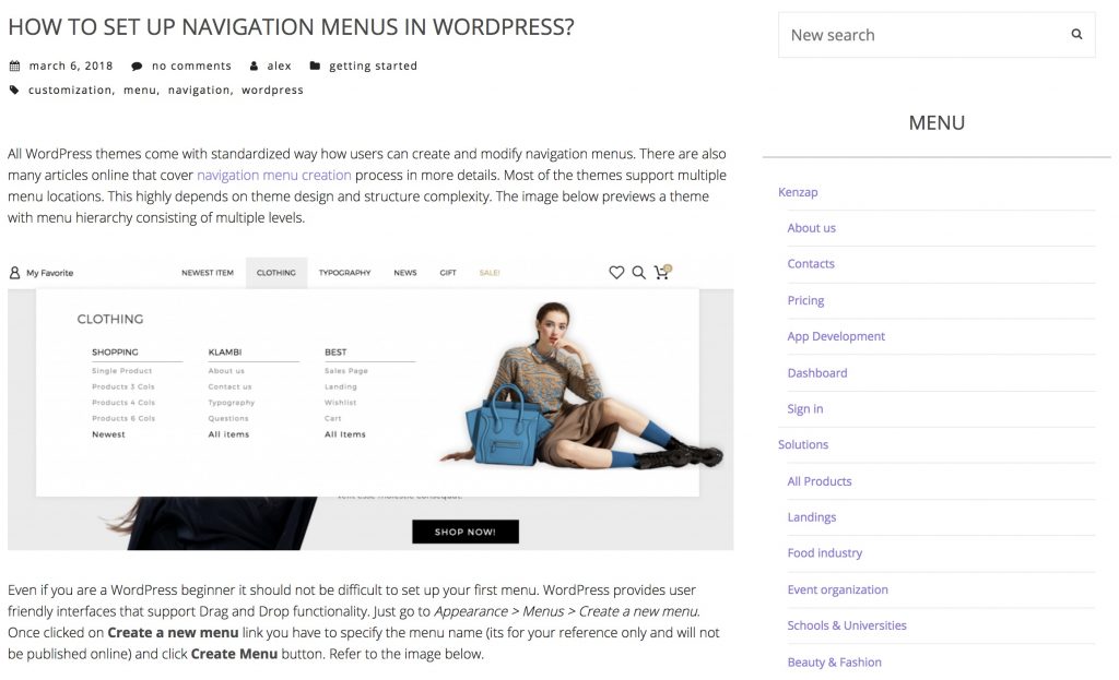 WordPress blog sidebar navigation example preview.