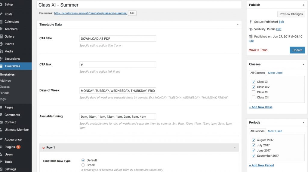 Sekolah theme - timetable settings WordPress admin.