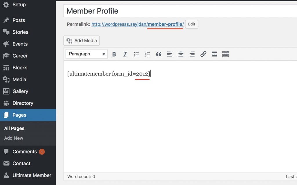 Ultimate Member page shorcode. WordPress admin.