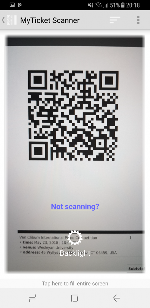 MyTicket mobile app screenshot. QR-code ticket validation.