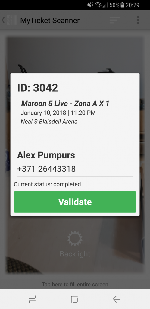 MyTicket mobile app screenshot. QR-code ticket validation details popup.