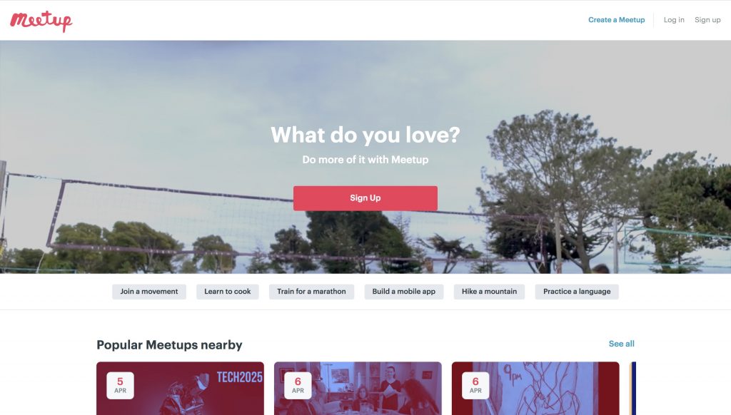 Meetup homepage screenshot