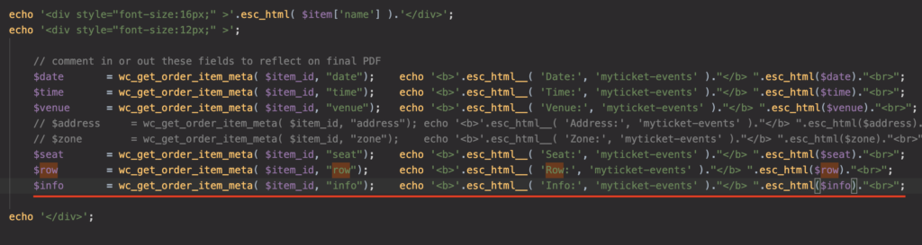 Retrieving custom checkout fields in MyTicket Events PDF ticket