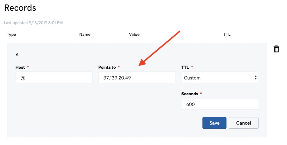 Changing IP address of a domain record.