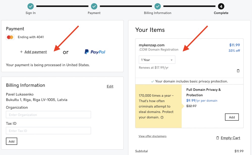 GoDaddy Checkout billing and domain name period.