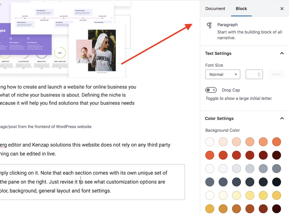 Gutenberg right pane paragraph settings with colors