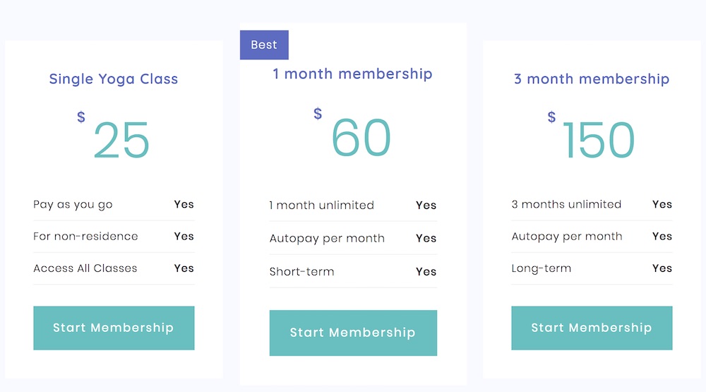 Pricing tables membership for yoga classes