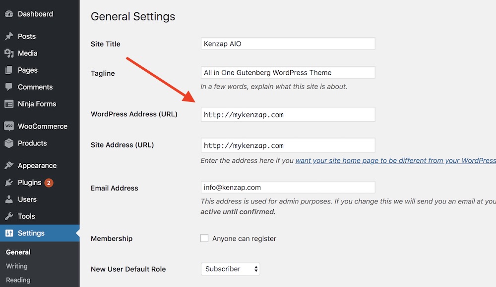 Updating WordPress and site addresses from dashboard