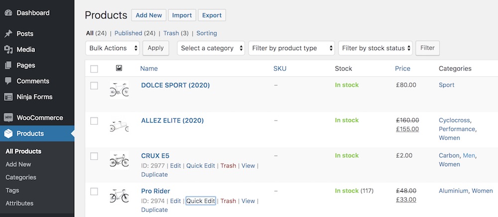 WooCommerce product list of bicycle products from admin