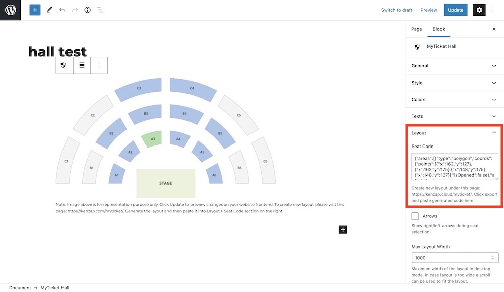 Adding hall/stadium to WordPress site - myticket events plugin