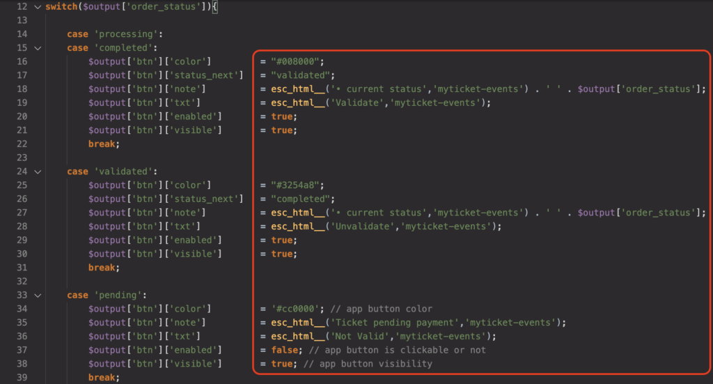 Overriding default statuses for ticket validation of myticket events plugin